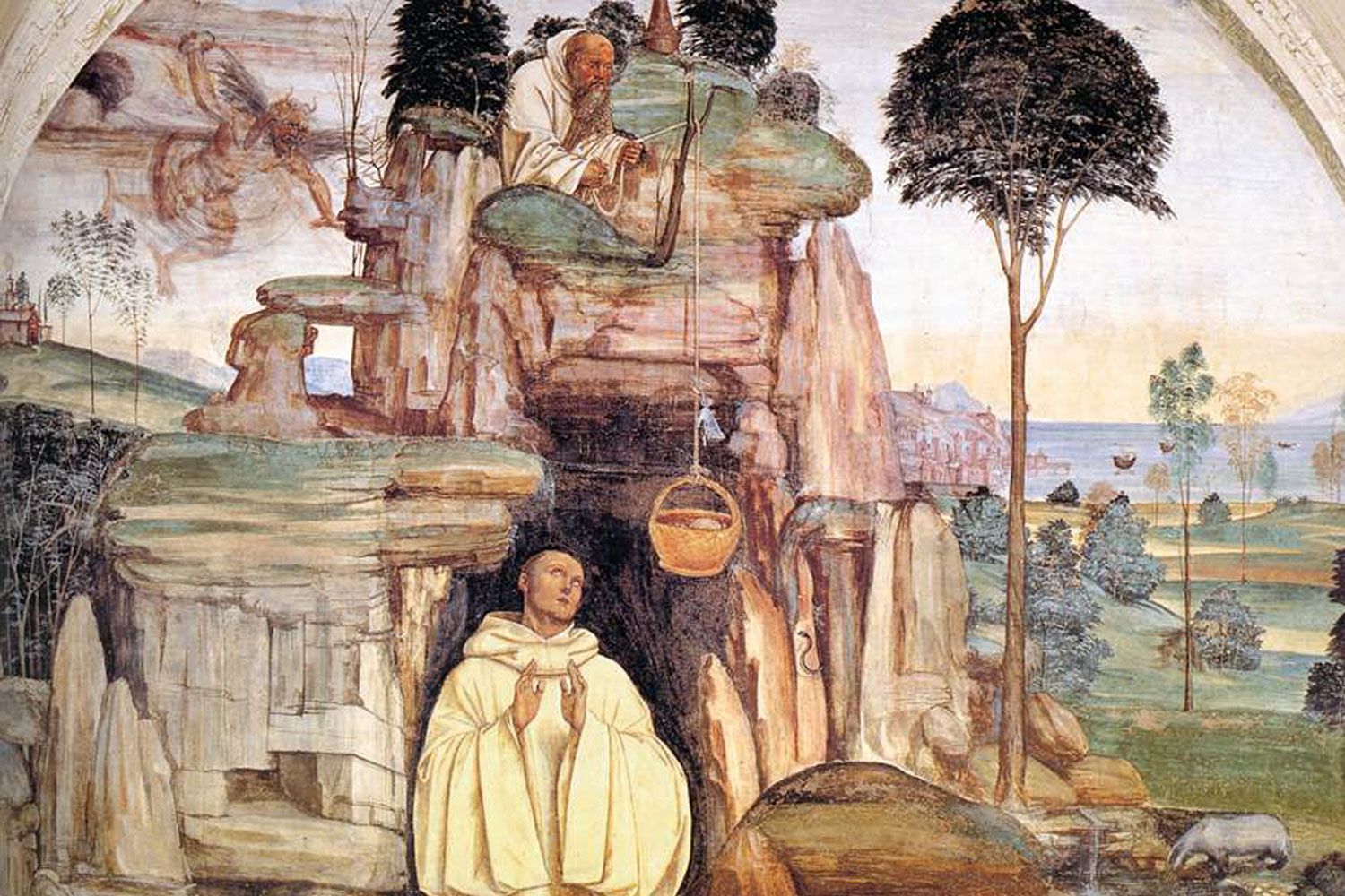 Sodoma’s fresco cycle of the Life of St Benedict, Scene 5: The Devil Destroys the Little Bell (1505-08). Located in the Abbey of Monteoliveto Maggiore near Siena. 