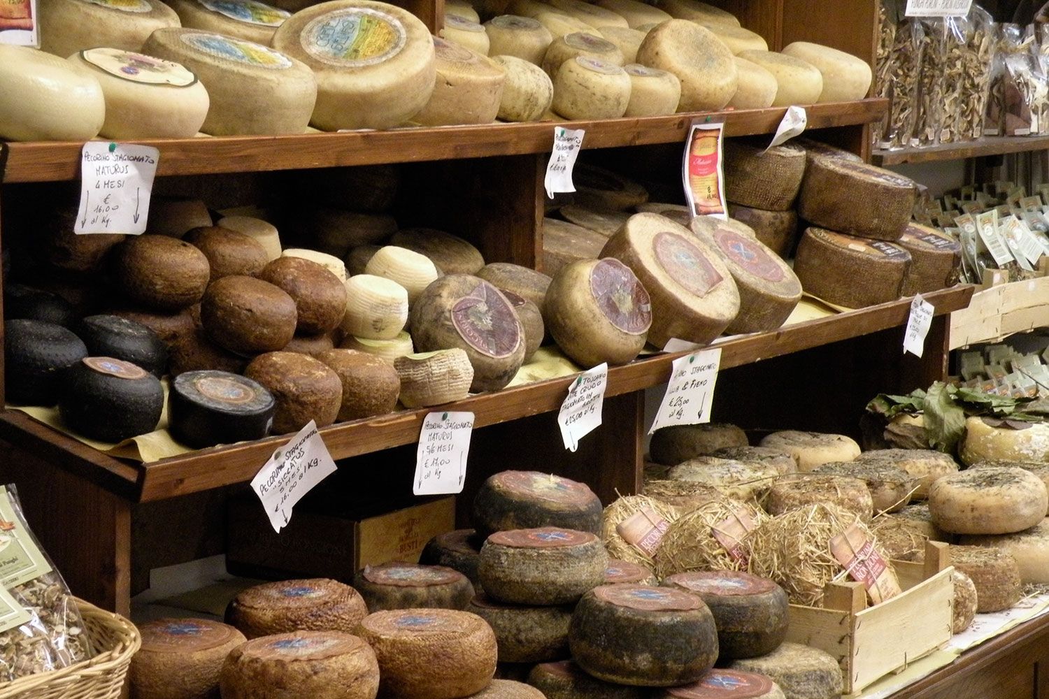 A selection of Pecorino cheeses on display in Pienza.