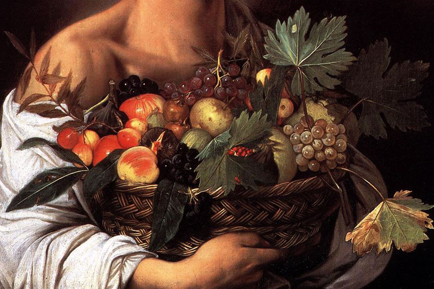 A detail of Caravaggio’s “Boy with a Basket of Fruit” (1593) Hanging in the Galleria Borghese in Rome