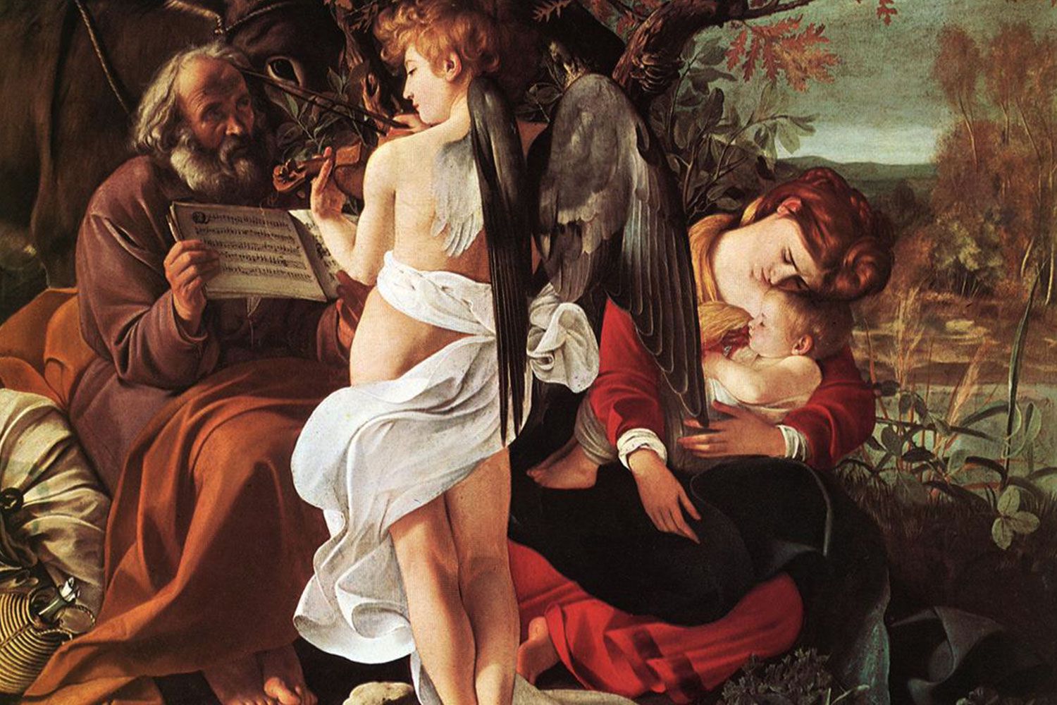 Rest on the Flight into Egypt by Caravaggio (1597). Hanging in the Doria Pamphili Gallery in Rome