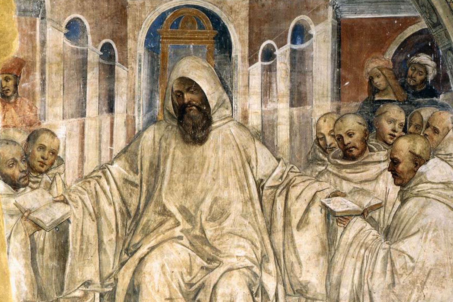 Sodoma’s fresco Benedict Presents the Olivetan Monks with His Rule (1505-08). Located in the main cloister of the Abbey Monteoliveto Maggiore near Siena. 