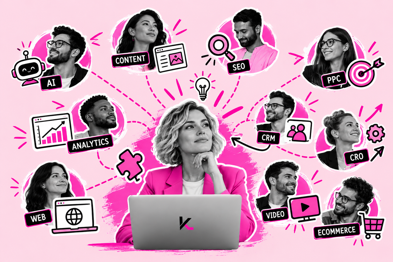 A woman at a laptop surrounded by marketing specialists labelled AI, content, SEO, PPC, analytics, CRM, CRO, web, video and ecommerce