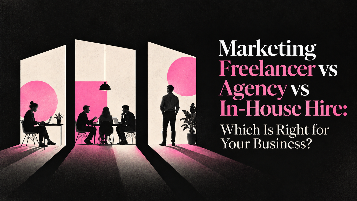 Marketing Freelancer vs Agency vs In-House Hire: silhouettes of a freelancer, an agency team and an in-house employee in three lit doorways