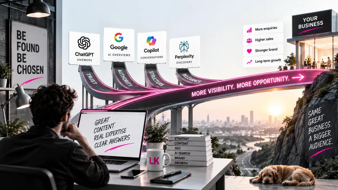 A person looking out over four merging on-ramps labelled ChatGPT, Google AI Overviews, Copilot and Perplexity, converging into a single road leading to their business