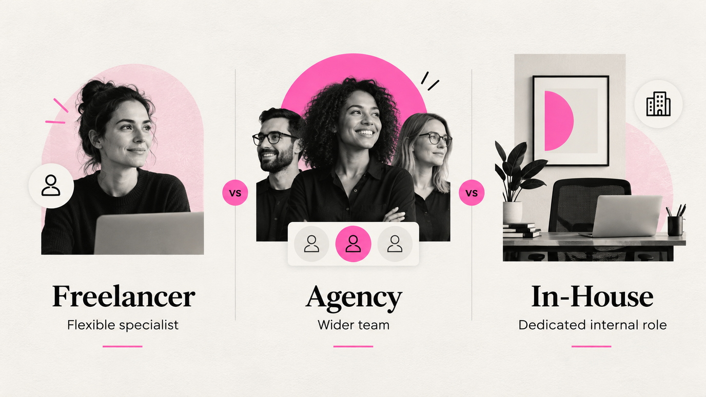 Freelancer, agency and in-house compared: a flexible specialist, a wider team and a dedicated internal role