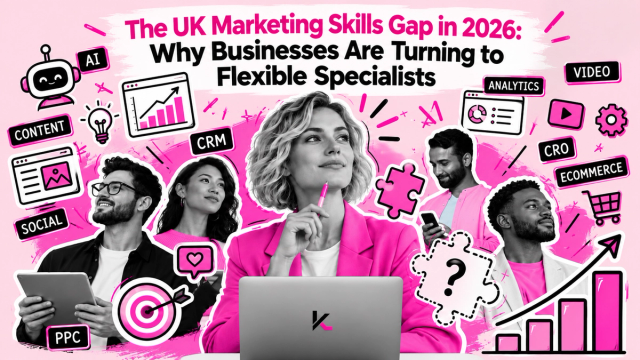 Marketing team surrounded by skill labels including AI, content, CRM, PPC and analytics, with a missing puzzle piece representing the UK marketing skills gap