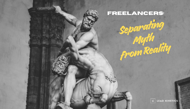 Black-and-white photo of a classical statue of Hercules wrestling a centaur, with the words 'Freelancers: Separating Myth From Reality'.