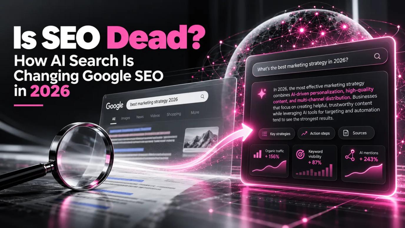 Is SEO Dead? How AI Search Is Changing Google SEO in 2026: a magnifying glass over a Google results page for "best marketing strategy 2026", with an arrow leading to an AI-generated answer panel offering key strategies, action steps and sources