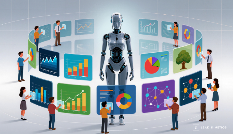 A humanoid robot at the centre of a ring of people working on screens of charts, graphs and data dashboards.