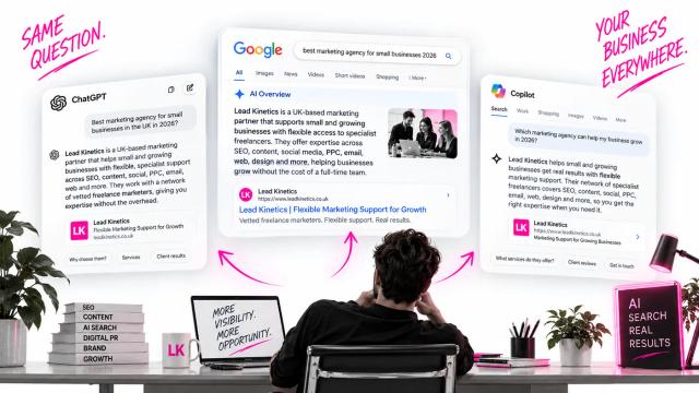 A person at a desk facing three AI search results, ChatGPT, Google AI Overview and Copilot, all recommending the same business for the same question