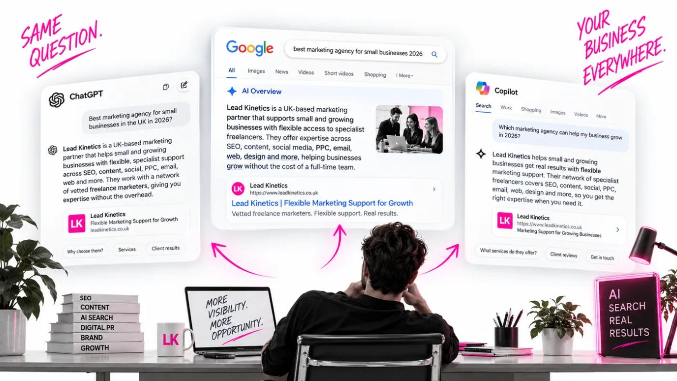 A person at a desk facing three AI search results, ChatGPT, Google AI Overview and Copilot, all recommending the same business for the same question