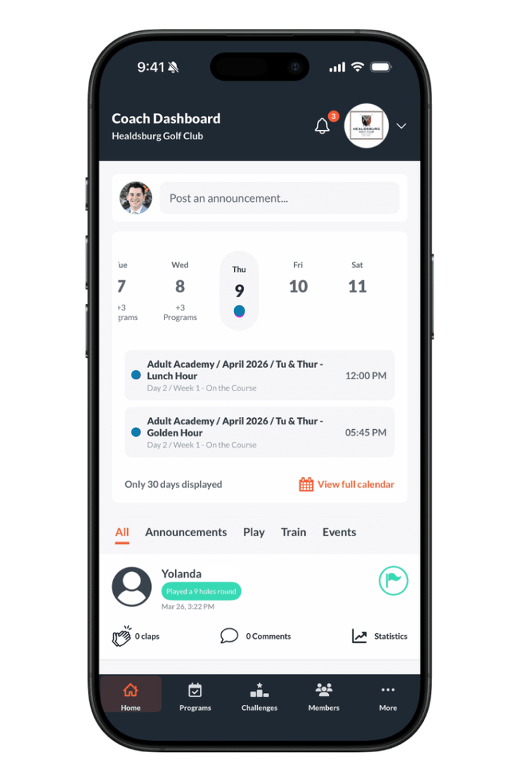 Coach Dashboard home feed showing announcements, weekly calendar, and upcoming sessions