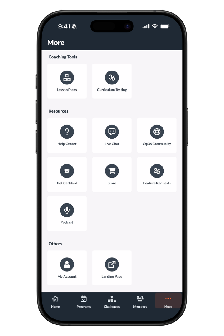 Coaching Tools screen showing Lesson Plans, Curriculum Testing, Help Center, Live Chat, and Op36 Community