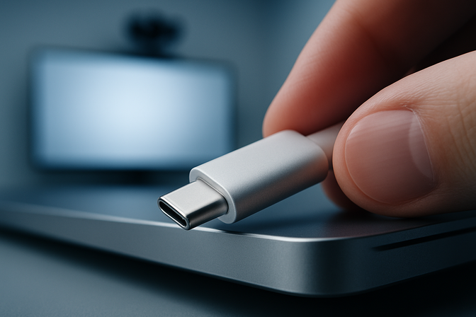 USB-C cable being plugged into a laptop with a blurred conference room screen in the background