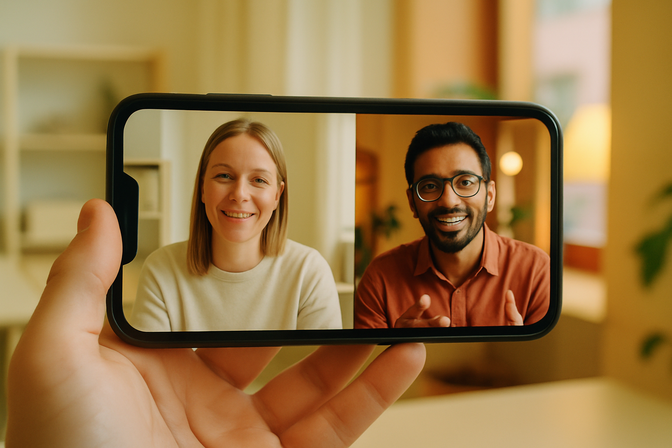 Two people in different countries connecting naturally through a video call on a mobile phone