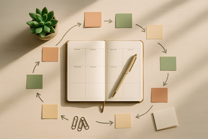 Aerial flat-lay of a neatly organized desk with an open planner, sticky notes, and a pen arranged in a structured pattern