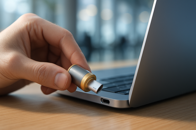 Hand inserting a small USB security key into a laptop port on an office desk