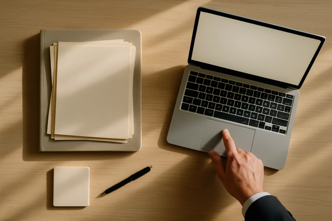 A hand reaching toward a laptop on a desk beside a folder of documents