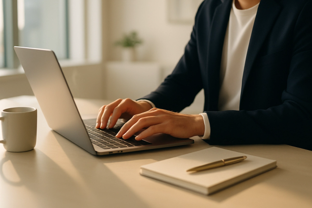 Person's hands typing on a laptop at a clean, minimal desk in a bright modern office