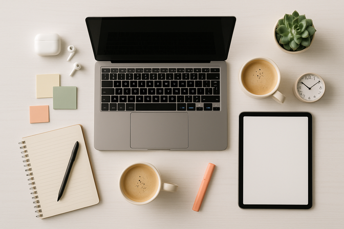 Aerial flat-lay of a clean modern desk with laptop, tablet, notebook, coffee cup, and stationery neatly arranged