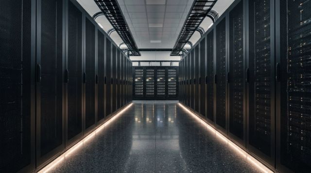 Symmetrisk korridor i et moderne datasenter med mørke serverrack og mykt lys langs gulvet.