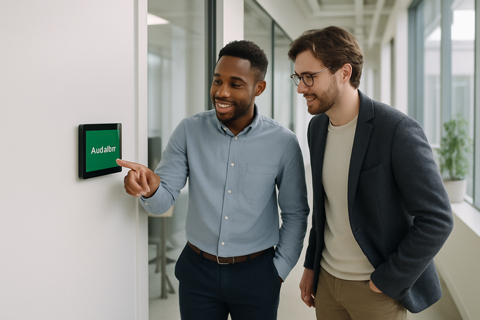 Two colleagues looking at a room availability panel outside a glass meeting room in a modern office corridor.