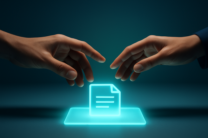 Two hands reaching toward each other over a glowing translucent digital surface