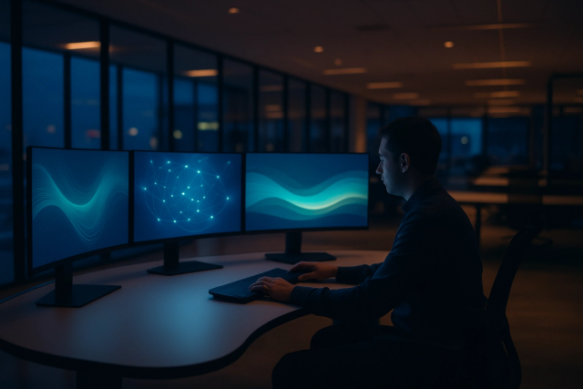 IT professional working at a multi-monitor desk in a modern corporate office at dusk