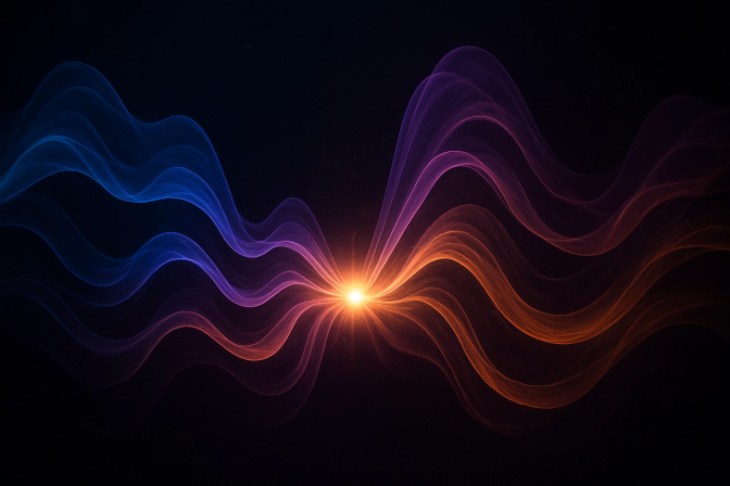 Abstract glowing sound waves as colorful ribbons of light in deep purple, blue, and orange against a dark background