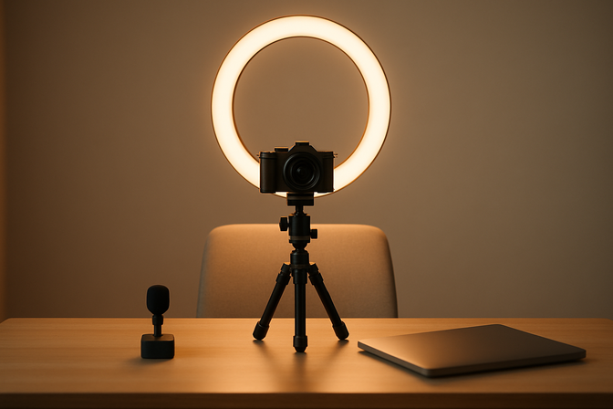 Empty home studio setup with ring light, camera on tripod, and neutral backdrop, ready for recording