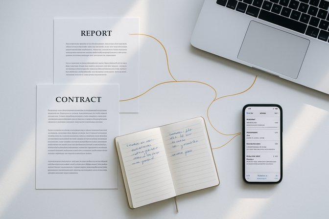 Aerial flat-lay of a white desk with documents, notebook, and smartphone connected by golden lines