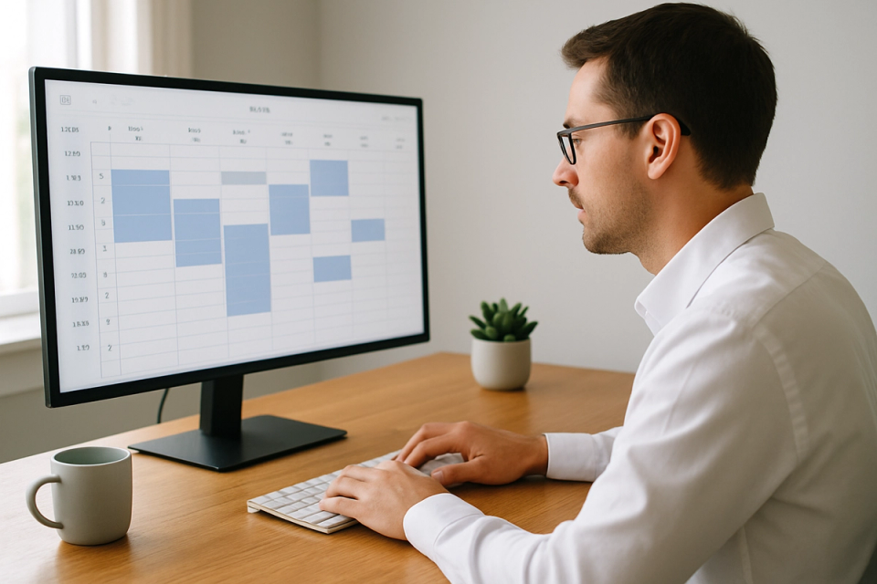 Person working at a large widescreen monitor displaying a digital calendar at a minimalist modern desk