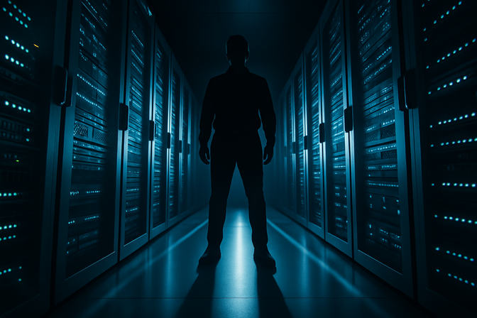 IT professional standing between illuminated server racks in a data center