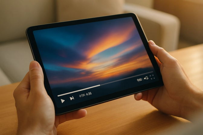 Person holding an iPad in landscape orientation, watching a video with relaxed hands in a cozy indoor setting.