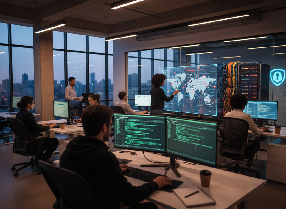 IT-sikkerhetsteam overvåker trusler på skjermer i et moderne kontorlandskap med digitalt verdenskart