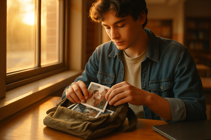 Young student packing printed photos and personal items into a bag near a sunlit classroom window