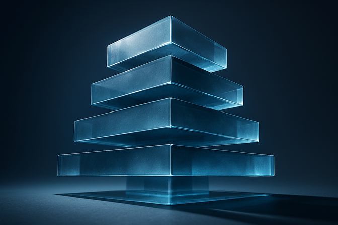 Stacked translucent glass architectural tiers viewed from a low angle, representing layered service levels