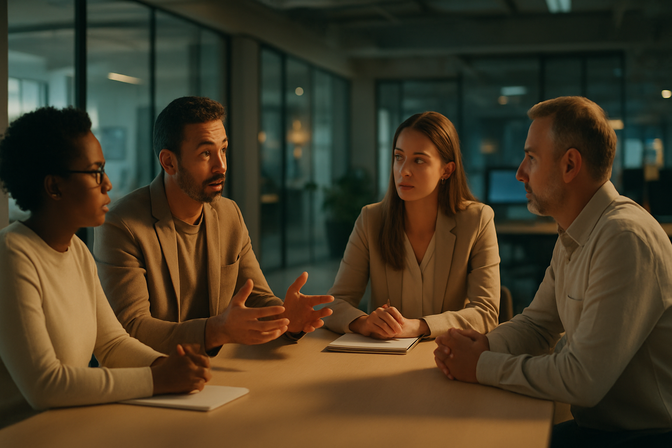 Diverse group of professionals having a collaborative discussion around a table in a modern open-plan office