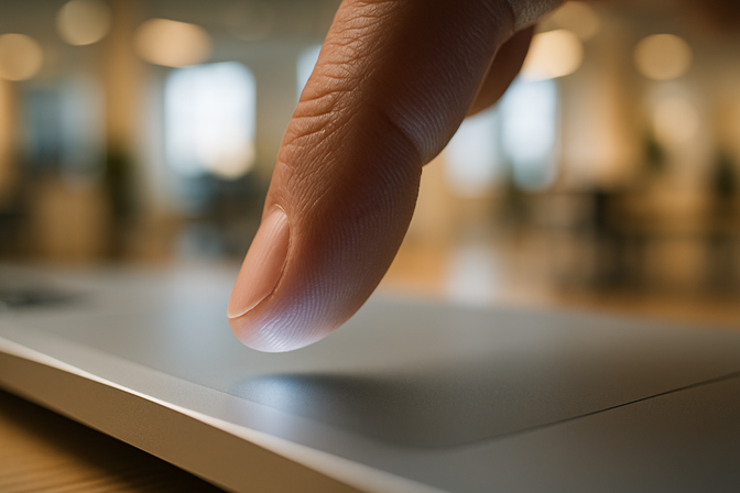 Close-up of a finger hovering above a laptop trackpad in a modern office