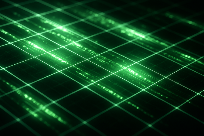 Glowing digital grid with streams of data flowing through illuminated cells on a dark background