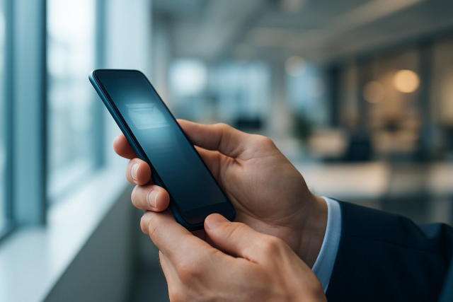 Professional hands holding a sleek smartphone in a bright modern office with natural window light