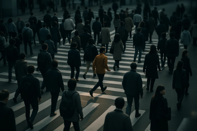 Overhead view of a busy pedestrian crossing with many anonymous people walking in different directions