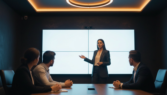 Marketing professional presenting a video on a large screen to a small attentive team in a modern meeting room