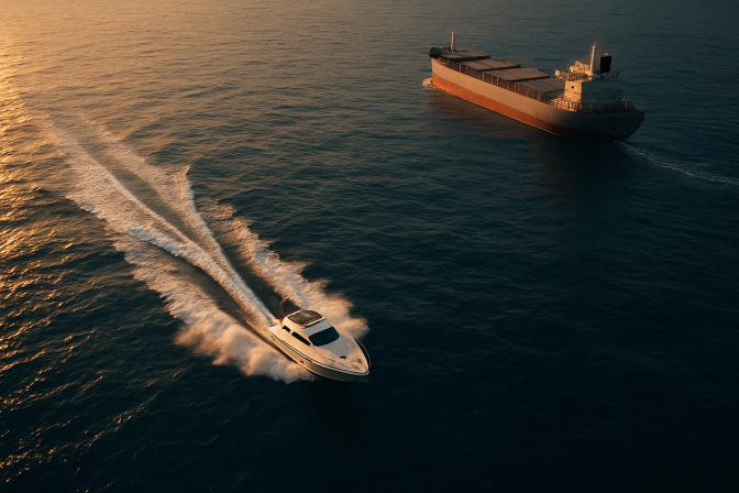 Rask motorbåt passerer stort skip til havs som symbol på smidighet og konkurransekraft.