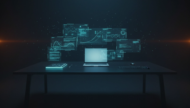 Futuristic desk setup with holographic glowing interface elements floating above a sleek laptop and digital workspace