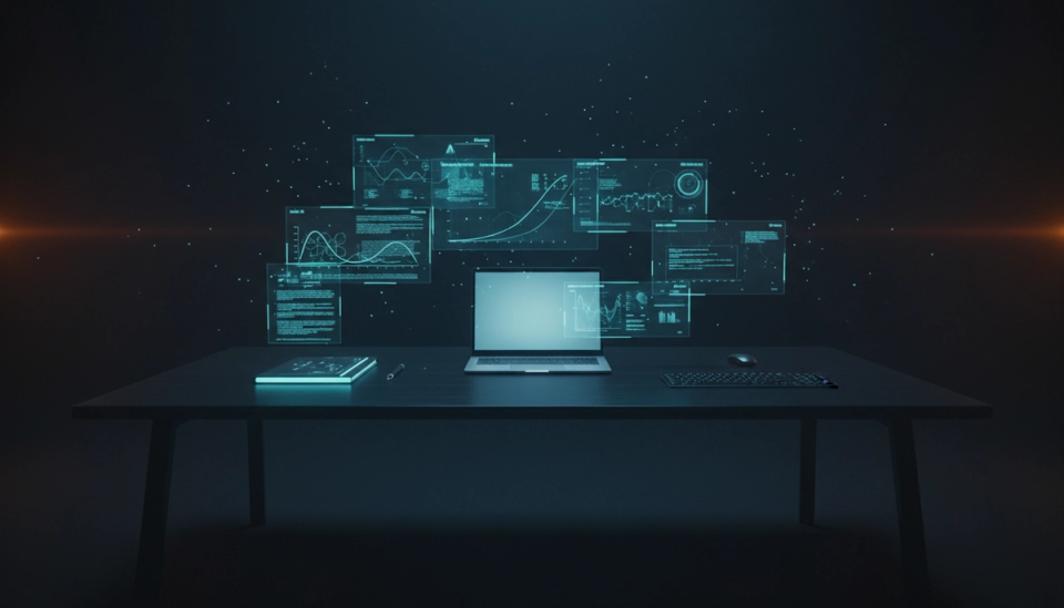 Futuristic desk setup with holographic glowing interface elements floating above a sleek laptop and digital workspace