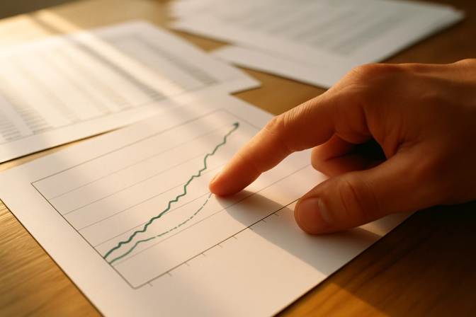 Hand pointing at a printed graph with rising trend lines on a desk covered with data printouts