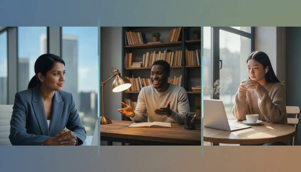 Three people from different locations engaged in a video call — office, home desk, and café settings