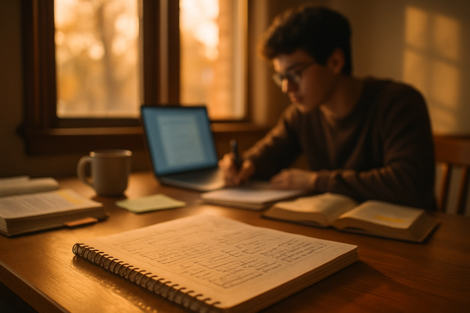 University student studying at a desk with open notebook, textbooks, and glowing laptop near a sunlit window
