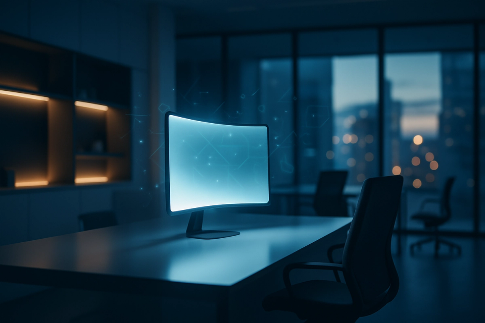 Sleek minimalist office with a glowing monitor on a white desk, bathed in blue and white ambient light